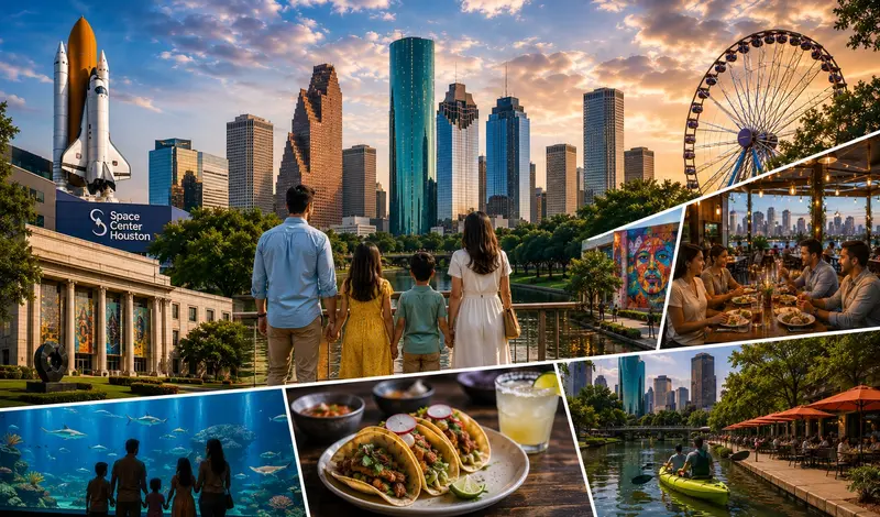 Visitors exploring Houston's top attractions, museums, parks, dining, Space Center Houston, and outdoor activities.
